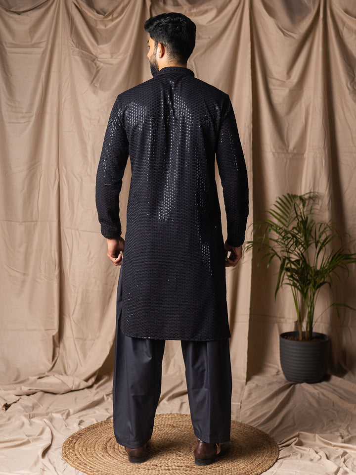 Navy Blue Rayon Kurta Set for Men with White Silk Bottom | Thread Embroidery Work | Ceremonial & Festive Wear Outfit