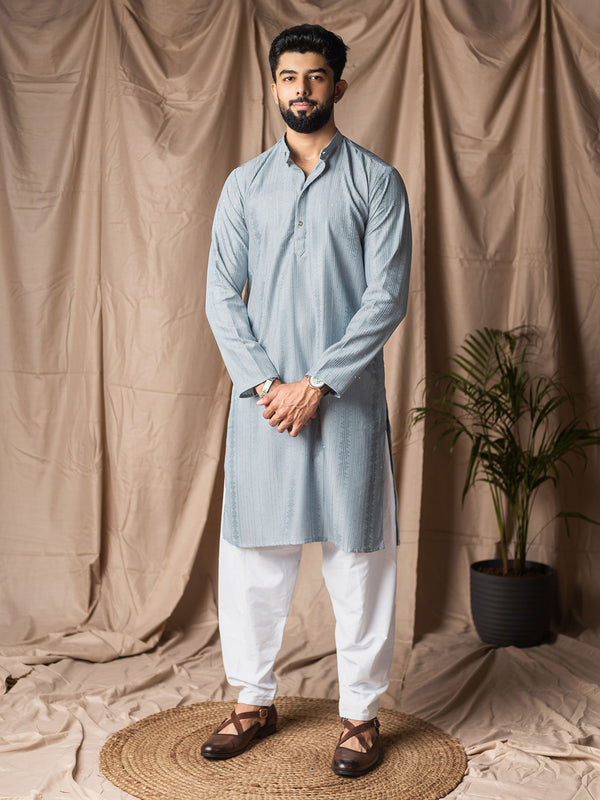 Sky Blue Rayon Kurta Set for Men with White Silk Bottom | Thread Embroidery Work | Ceremonial & Festive Wear
