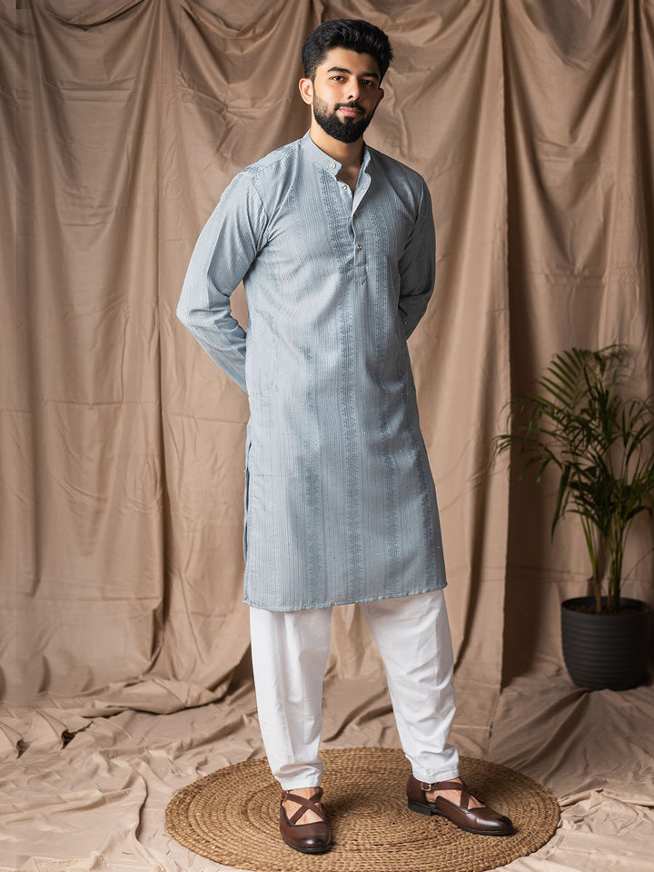 Sky Blue Rayon Kurta Set for Men with White Silk Bottom | Thread Embroidery Work | Ceremonial & Festive Wear
