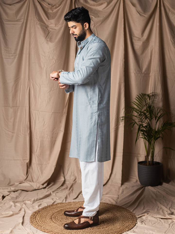 Sky Blue Rayon Kurta Set for Men with White Silk Bottom | Thread Embroidery Work | Ceremonial & Festive Wear