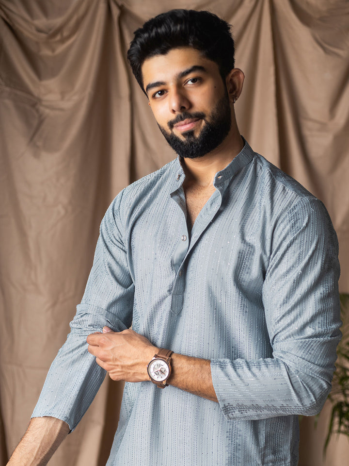 Sky Blue Rayon Kurta Set for Men with White Silk Bottom | Thread Embroidery Work | Ceremonial & Festive Wear