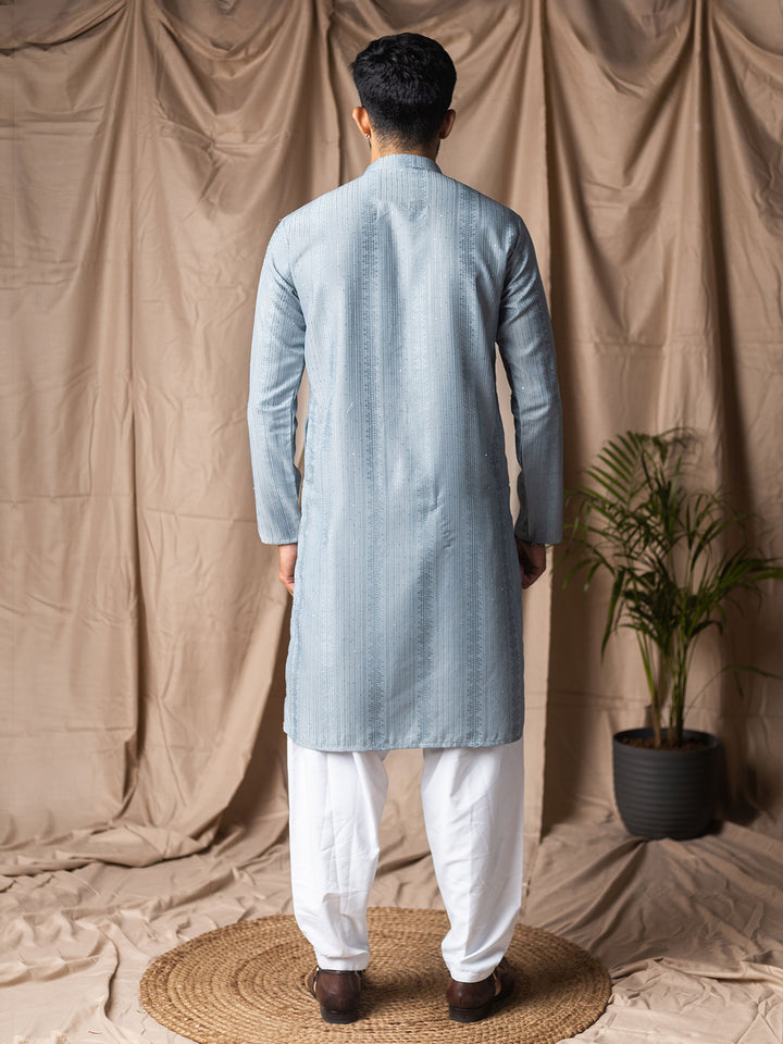 Sky Blue Rayon Kurta Set for Men with White Silk Bottom | Thread Embroidery Work | Ceremonial & Festive Wear