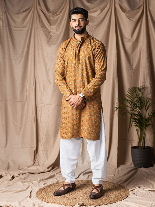 Men’s Mustard Rayon Kurta Set with White Silk Bottom | Thread Embroidery Work Ceremonial Outfit