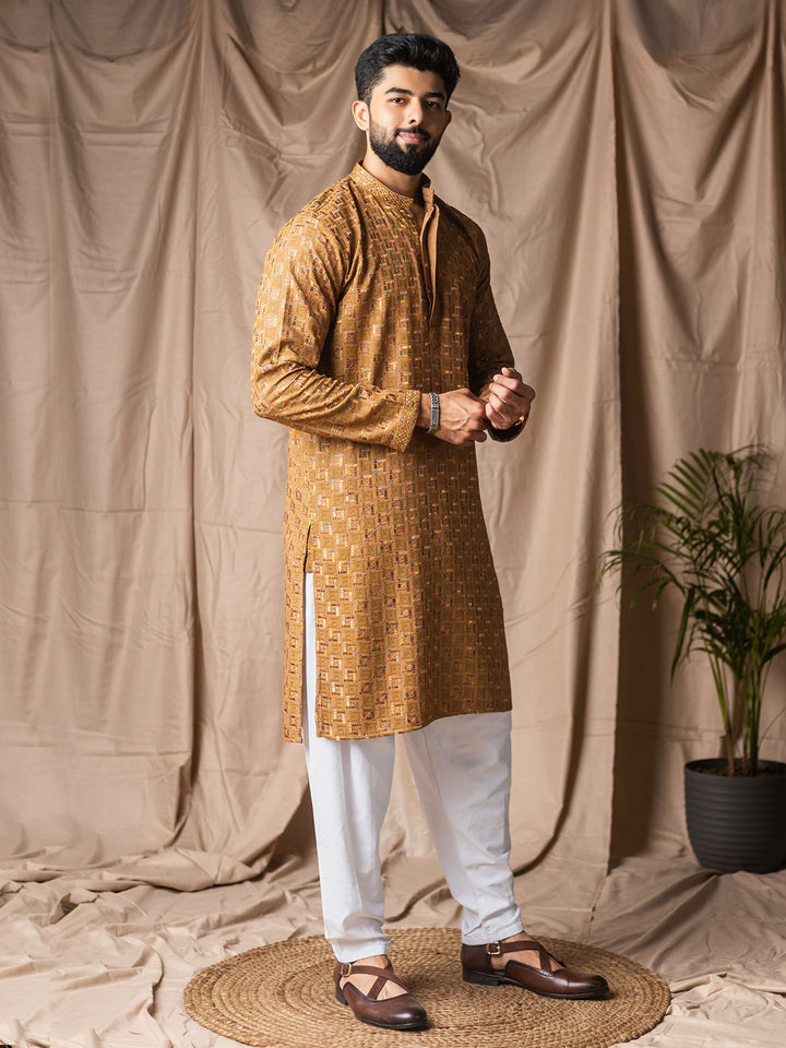 Men’s Mustard Rayon Kurta Set with White Silk Bottom | Thread Embroidery Work Ceremonial Outfit
