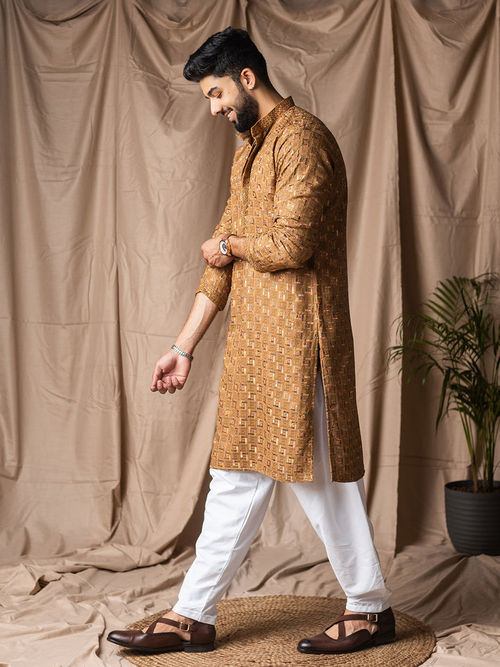 Men’s Mustard Rayon Kurta Set with White Silk Bottom | Thread Embroidery Work Ceremonial Outfit