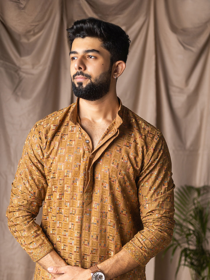 Men’s Mustard Rayon Kurta Set with White Silk Bottom | Thread Embroidery Work Ceremonial Outfit