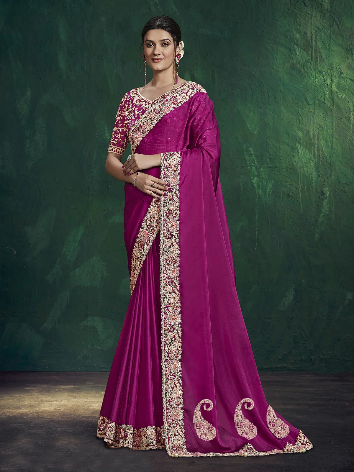 Rani Pink Soft Georgette Silk Saree with Scalloped Floral Border - VJV ...