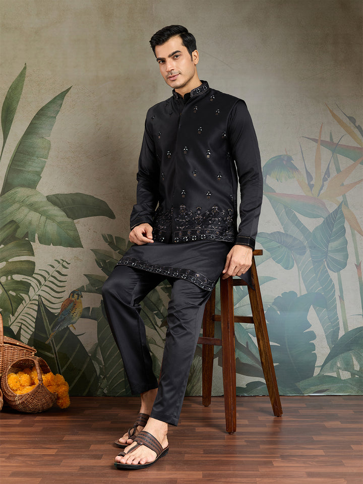 Black Silk Kurta with Mirror Work & Embroidered Koti – Designer Occasion Wear for Men
