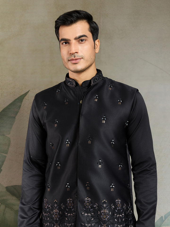 Black Silk Kurta with Mirror Work & Embroidered Koti – Designer Occasion Wear for Men