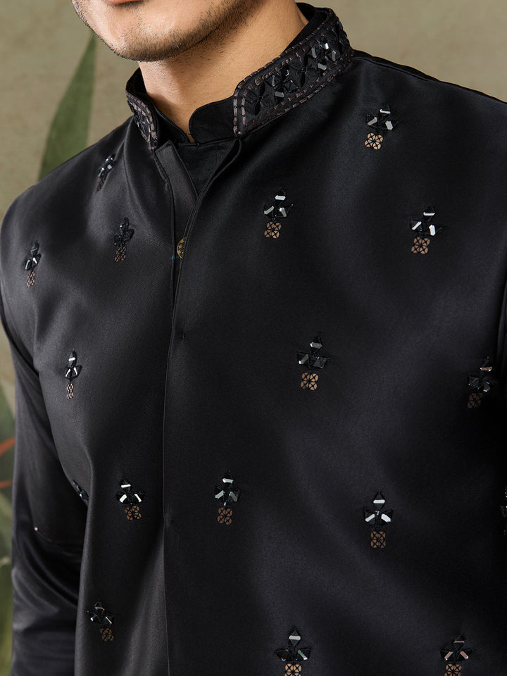 Black Silk Kurta with Mirror Work & Embroidered Koti – Designer Occasion Wear for Men
