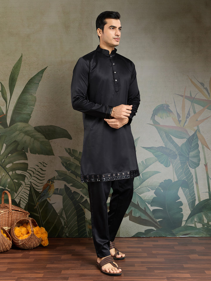 Black Silk Kurta with Mirror Work & Embroidered Koti – Designer Occasion Wear for Men