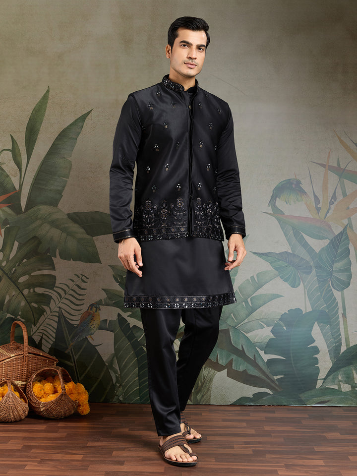 Black Silk Kurta with Mirror Work & Embroidered Koti – Designer Occasion Wear for Men