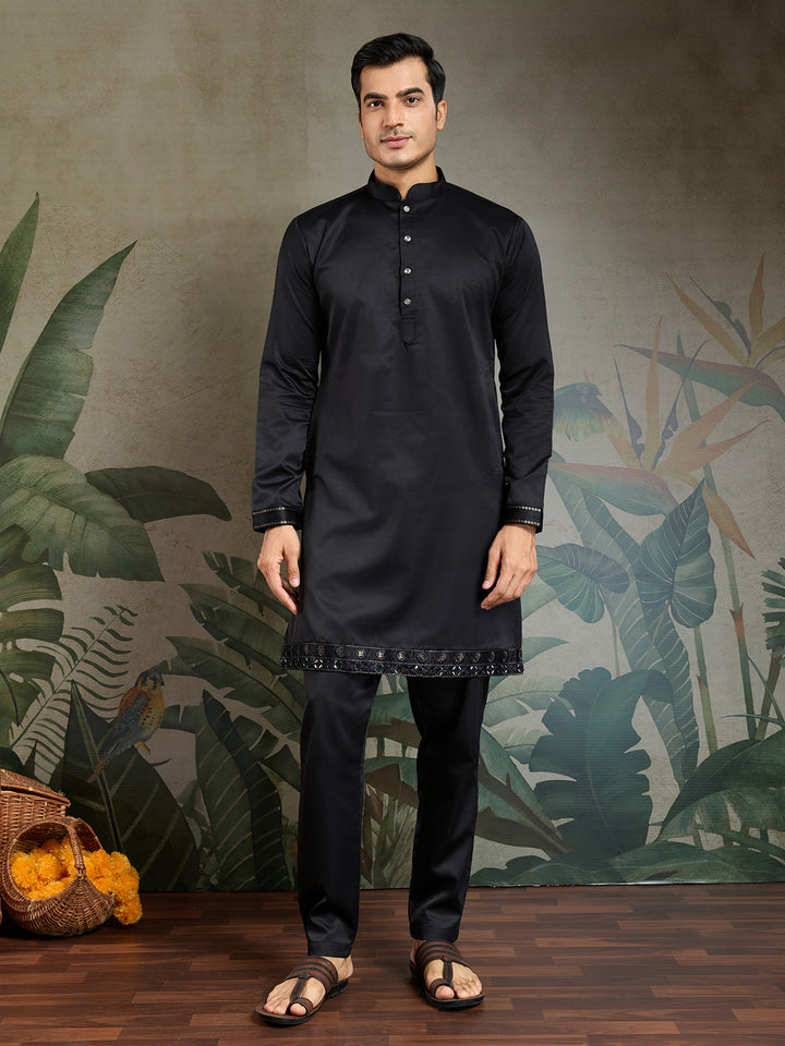 Black Silk Kurta with Mirror Work & Embroidered Koti – Designer Occasion Wear for Men