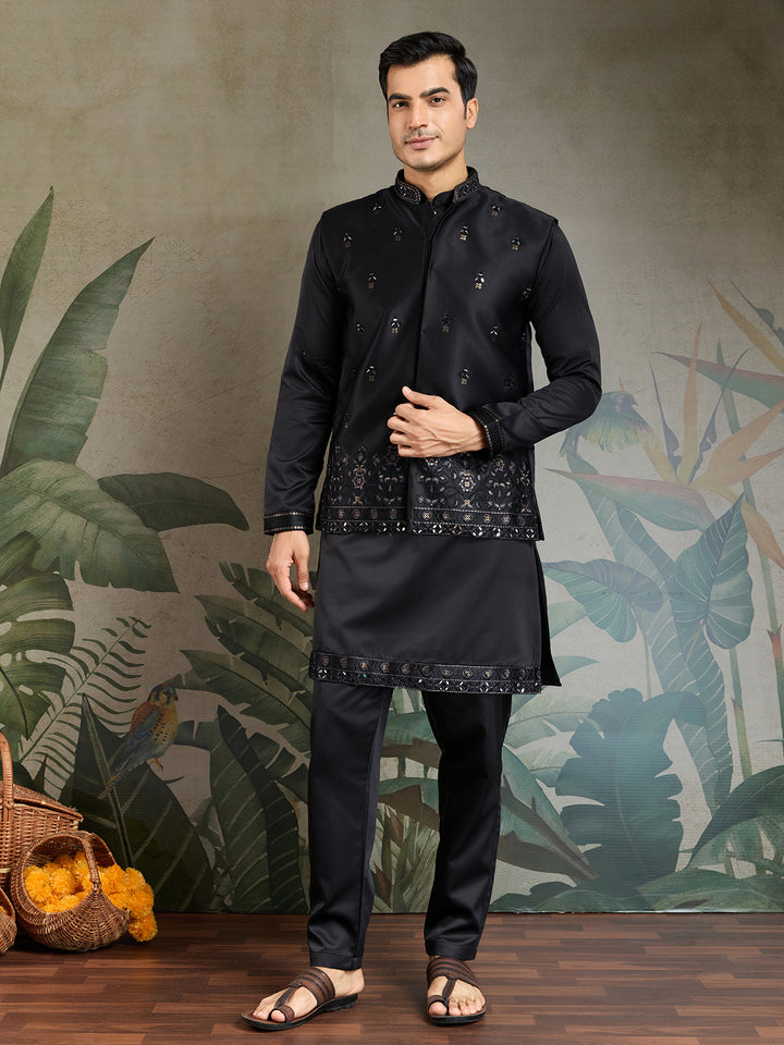 Black Silk Kurta with Mirror Work & Embroidered Koti – Designer Occasion Wear for Men