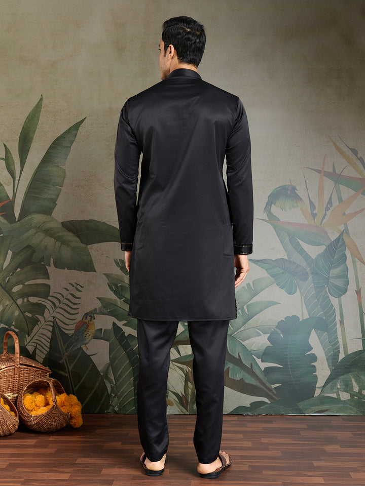Black Silk Kurta with Mirror Work & Embroidered Koti – Designer Occasion Wear for Men