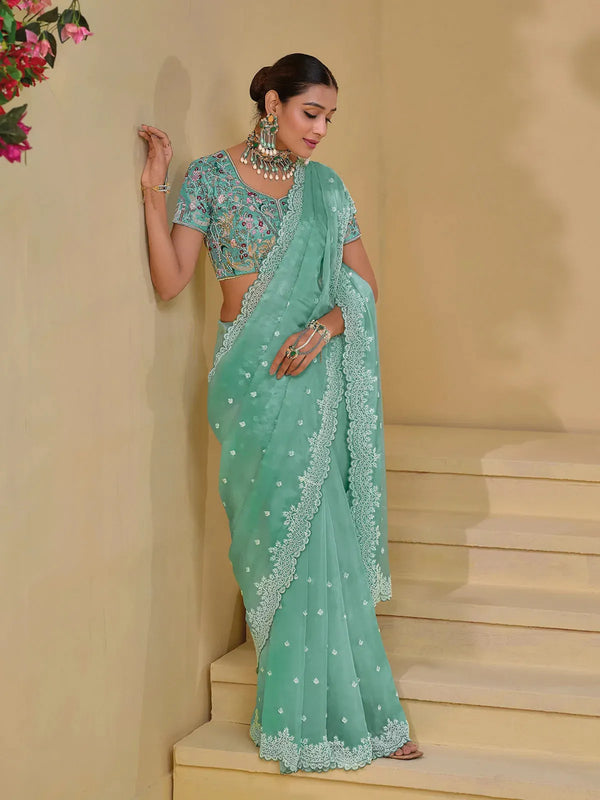 Sea Green Banarasi Silk Saree with Moti and Sequence Heavy Work