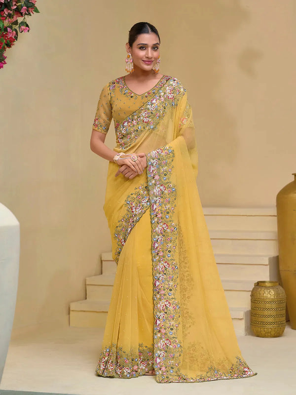 Mustard Banarasi Silk Saree with Moti and Zarkan Thread Heavy Work