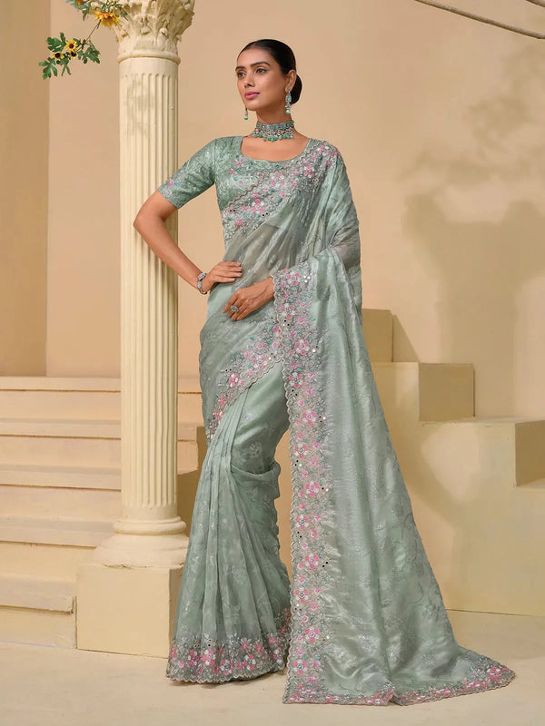 Pista Soft Shine Silk Saree with Moti And Sequence Heavy Work For Any Occasion