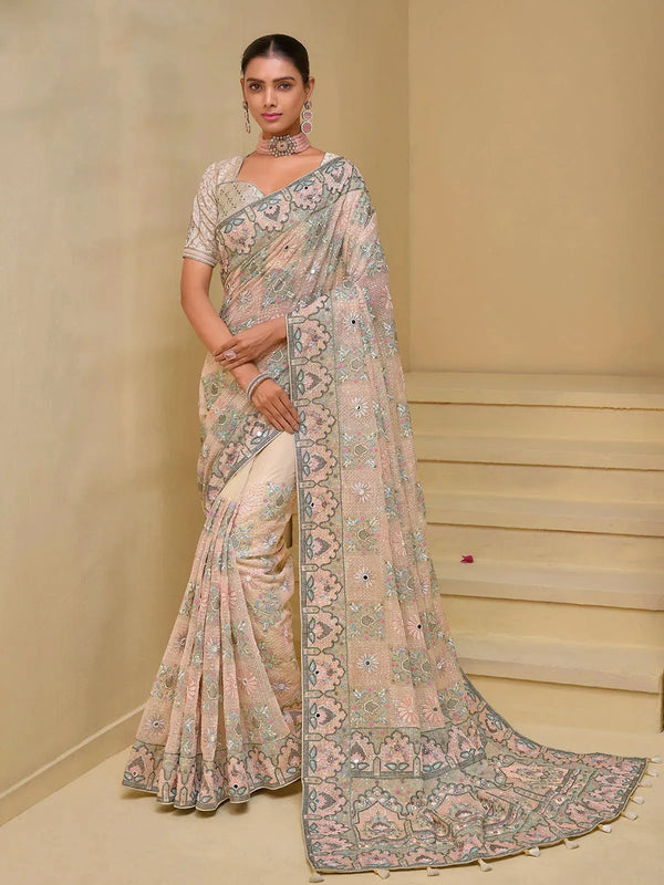 Cream Banarasi Silk Saree with Moti, Mirror, Jari, Thread & Sequence Heavy Work