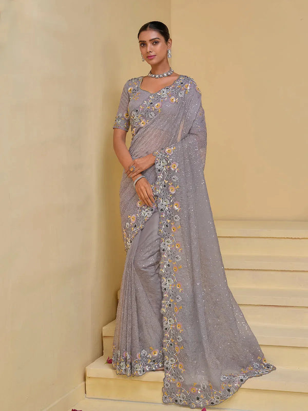 Grey Banarasi Silk Saree with Moti, Thread & Sequence Heavy Work For Any Occasion