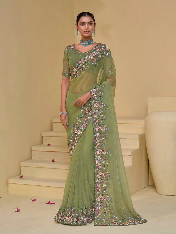 Pista Banarasi Silk Saree with Moti, Thread & Sequence Heavy Work For Any Occasion