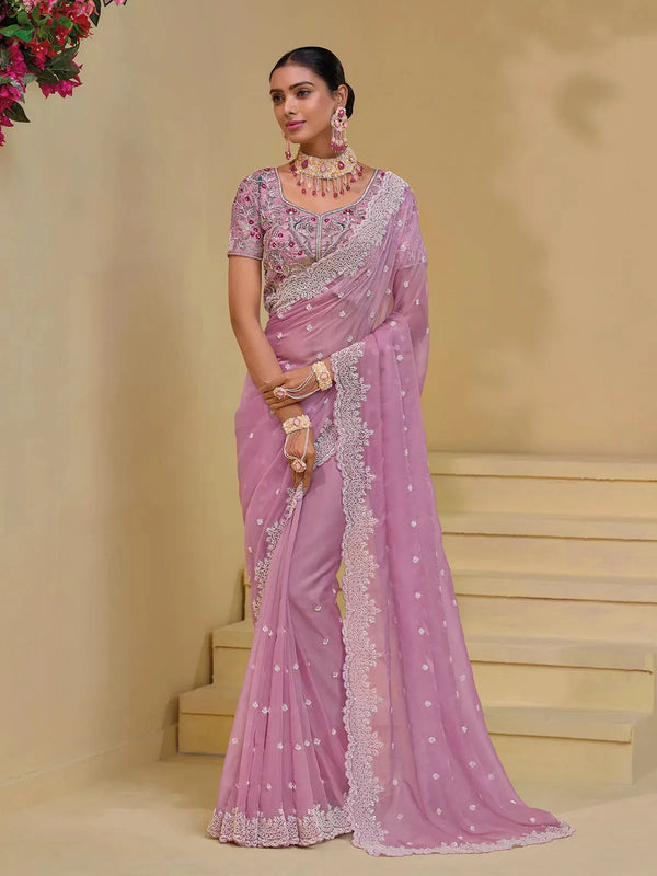 Pink Banarasi Silk Saree with Moti and Sequence Heavy Work For Any Occasion