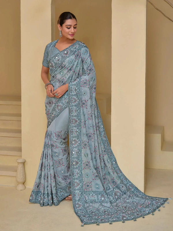 Grey Banarasi Silk Saree with Moti, Mirror, Jari, Thread & Sequence Heavy Work