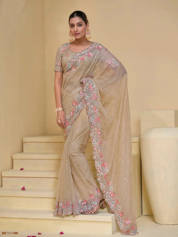 Cream Banarasi Silk Saree with Moti, Thread & Sequence Heavy Work For Any Occasion