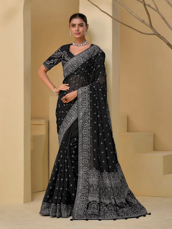 Black Banarasi Silk Saree with Moti, Mirror, Jari, Thread & Sequence Heavy Work