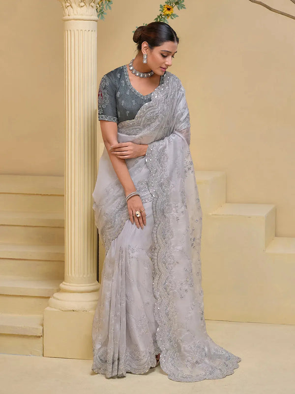 Grey Soft Shine Silk Saree with Moti And Sequence Heavy Work For Any Occasion