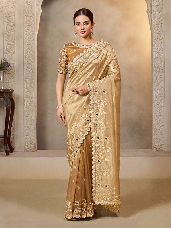 Golden Cora Zari Tissue Silk Saree with Zardoshi Embroidery & Handwork | Designer Party Wear Saree for Women