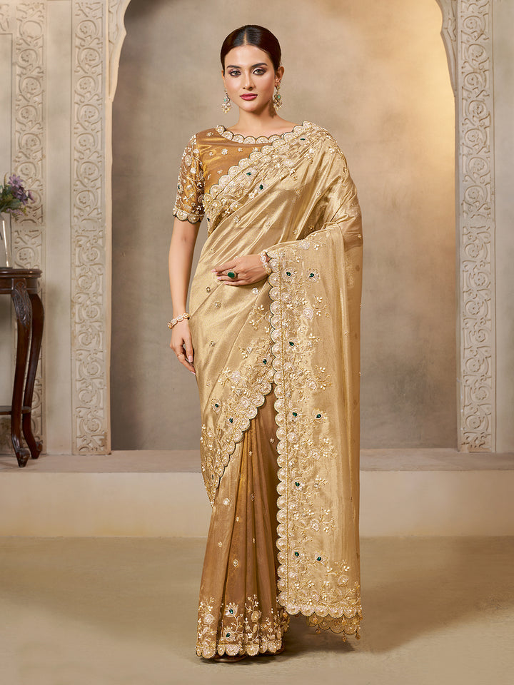 Golden Cora Zari Tissue Silk Saree with Zardoshi Embroidery & Handwork | Designer Party Wear Saree for Women
