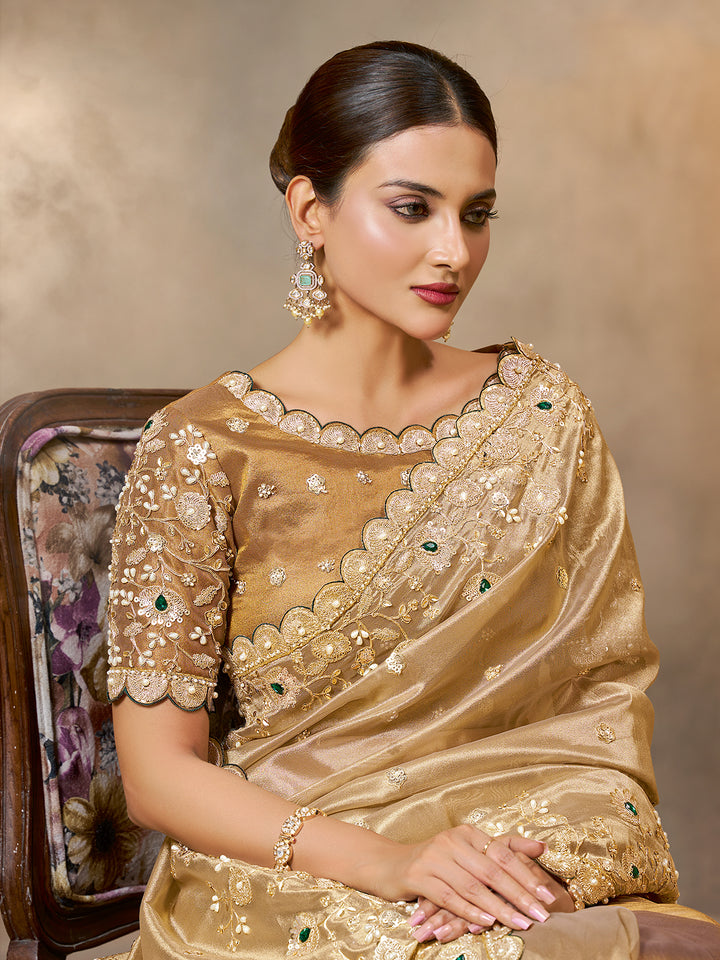 Golden Cora Zari Tissue Silk Saree with Zardoshi Embroidery & Handwork | Designer Party Wear Saree for Women