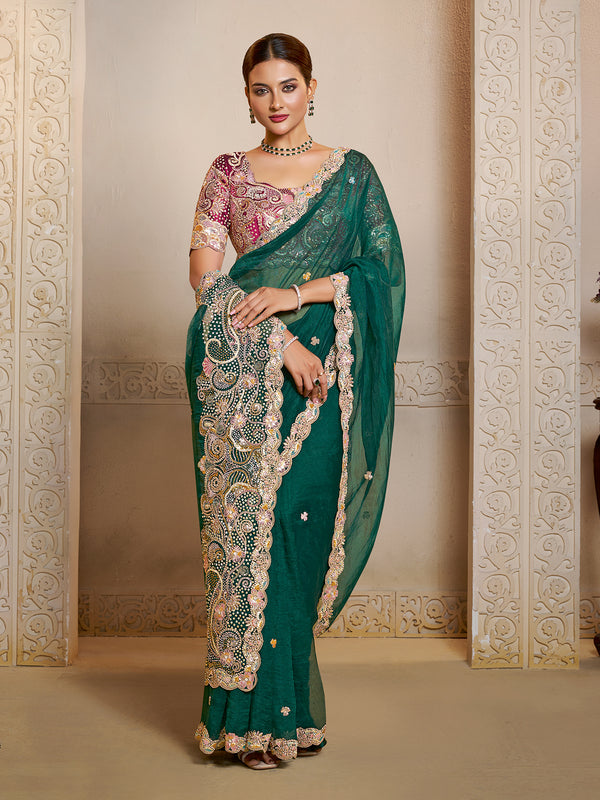 Peacock Green Organza Satin Saree with Multi Thread Embroidery & Hand Stone Work | Rani Two-Tone Satin Blouse