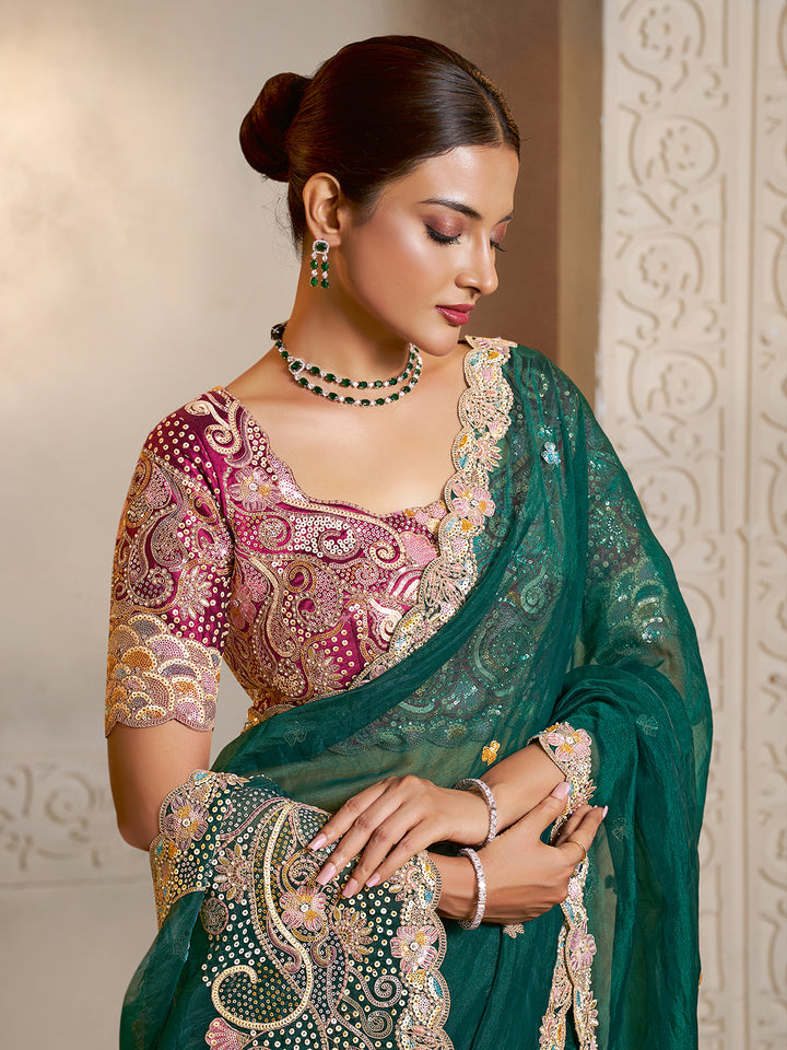 Peacock Green Organza Satin Saree with Multi Thread Embroidery & Hand Stone Work | Rani Two-Tone Satin Blouse
