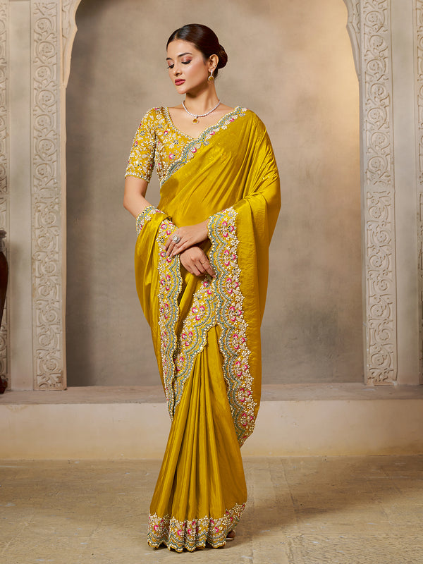 Designer Yellow Satin Silk Saree with Sequin Embroidery & Handcrafted Stone Work | Elegant Party Wear Saree for Women