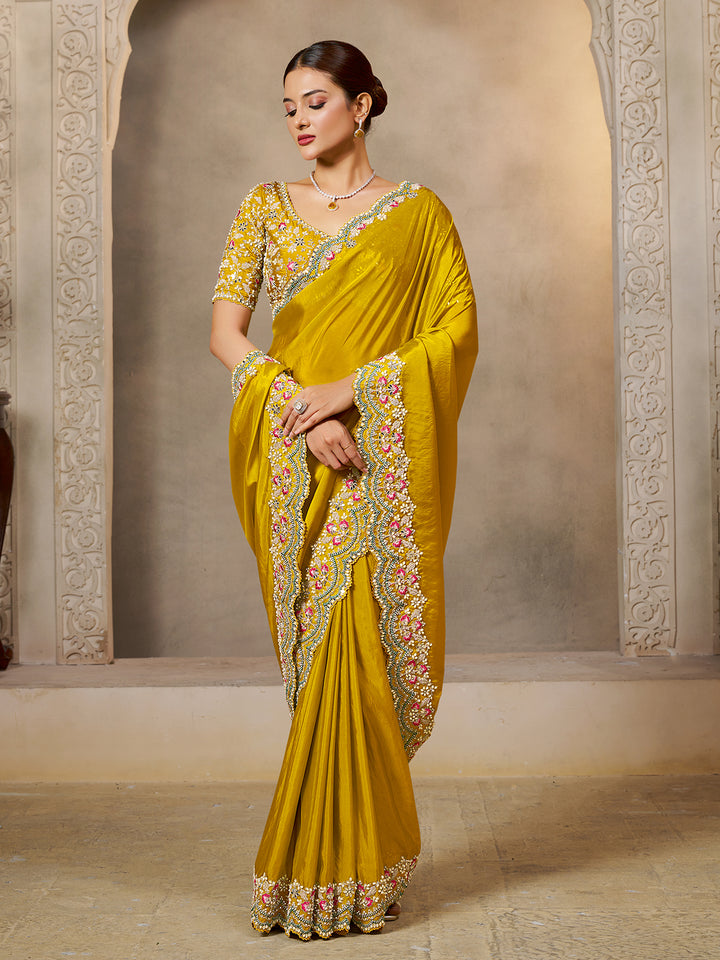 Designer Yellow Satin Silk Saree with Sequin Embroidery & Handcrafted Stone Work | Elegant Party Wear Saree for Women