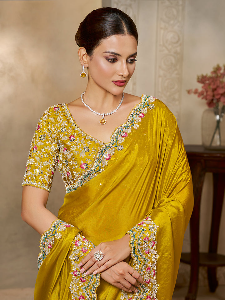 Designer Yellow Satin Silk Saree with Sequin Embroidery & Handcrafted Stone Work | Elegant Party Wear Saree for Women