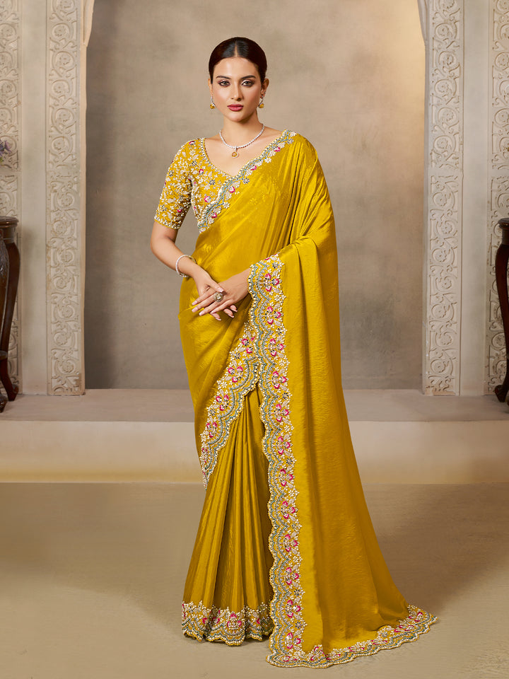 Designer Yellow Satin Silk Saree with Sequin Embroidery & Handcrafted Stone Work | Elegant Party Wear Saree for Women