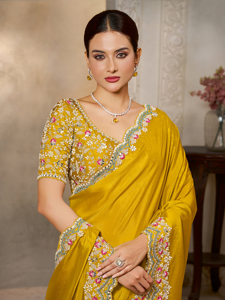 Designer Yellow Satin Silk Saree with Sequin Embroidery & Handcrafted Stone Work | Elegant Party Wear Saree for Women
