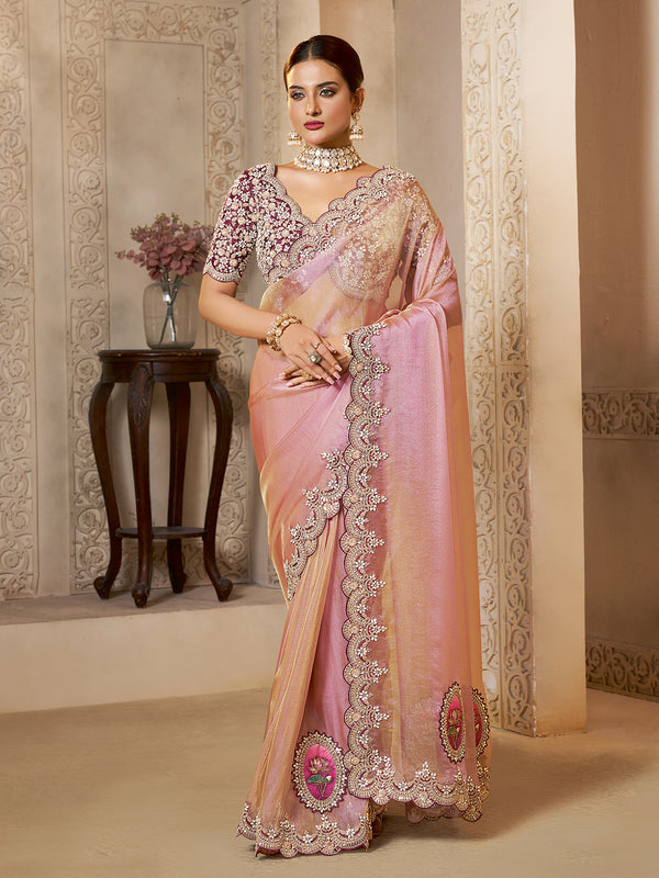 Pink Zari Organza Silk Saree with Sequence Embroidery & Handcrafted Stone Work – Paired with Wine SunSilk Satin Blouse
