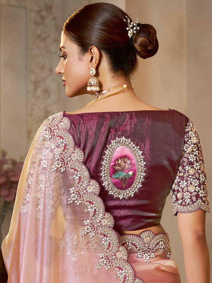 Pink Zari Organza Silk Saree with Sequence Embroidery & Handcrafted Stone Work – Paired with Wine SunSilk Satin Blouse