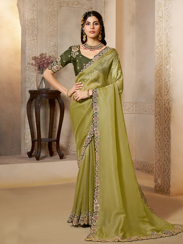 Light Green Organza Satin Saree with Dual Sequence Embroidery & Handcrafted Stone Work | Premium Satin Silk Blouse