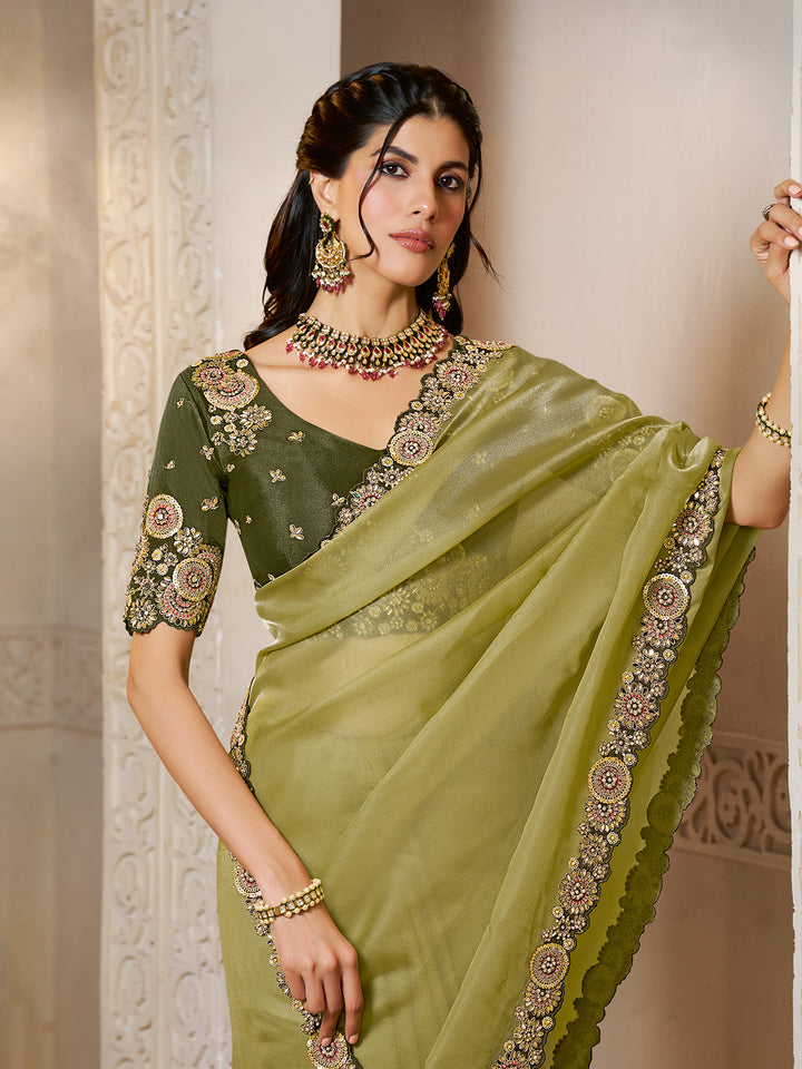 Light Green Organza Satin Saree with Dual Sequence Embroidery & Handcrafted Stone Work | Premium Satin Silk Blouse