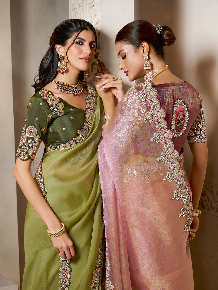 Light Green Organza Satin Saree with Dual Sequence Embroidery & Handcrafted Stone Work | Premium Satin Silk Blouse