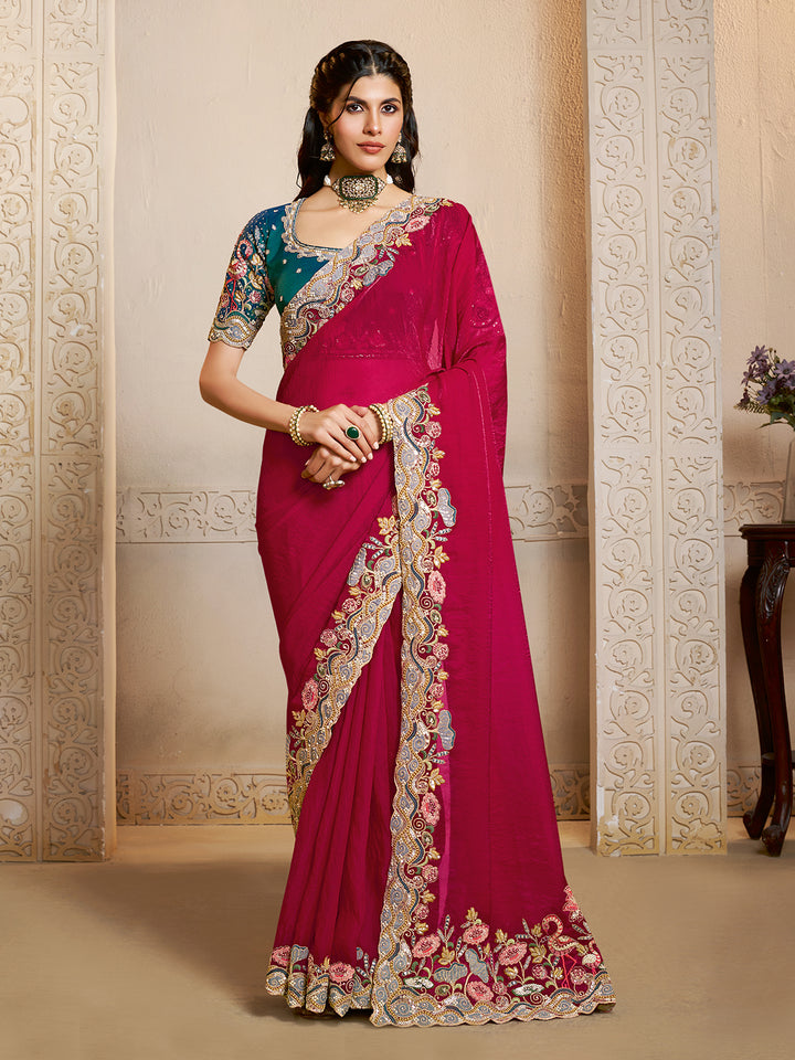 Rani Pink Two Tone Satin Silk Saree with Dual Sequin Embroidery & Green Blouse – Designer Party Wear Saree for Women