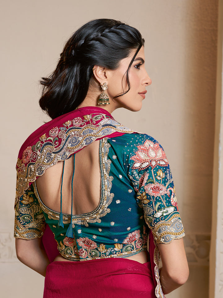 Rani Pink Two Tone Satin Silk Saree with Dual Sequin Embroidery & Green Blouse – Designer Party Wear Saree for Women