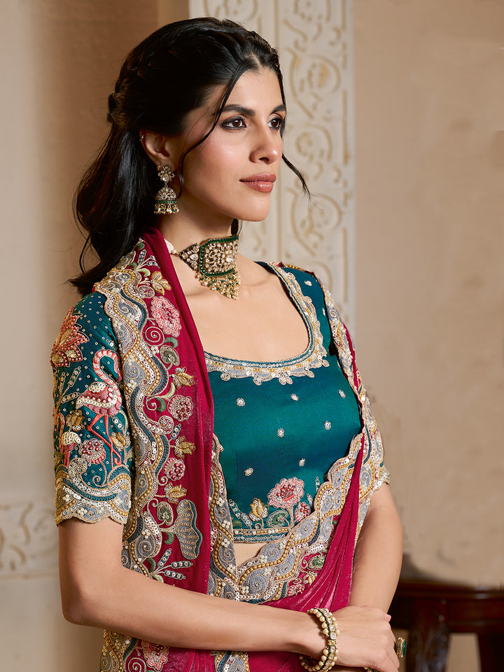 Rani Pink Two Tone Satin Silk Saree with Dual Sequin Embroidery & Green Blouse – Designer Party Wear Saree for Women