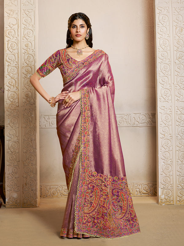 Premium Purple Kanjivaram Jacquard Silk Saree with Hand Embroidery & Satin Silk Blouse – Designer Wedding & Festive Wear