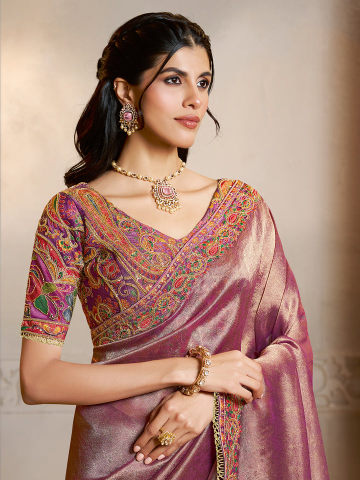 Premium Purple Kanjivaram Jacquard Silk Saree with Hand Embroidery & Satin Silk Blouse – Designer Wedding & Festive Wear